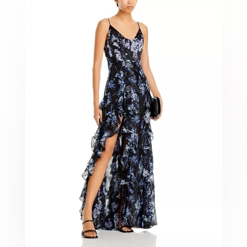 CINQ A SEPT Coastal Floral Glenda Cascading Ruffle Lurex Metallic Dress 12 NWT - Picture 11 of 16